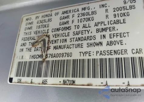 2006 Honda Accord 3.0 Ex из США, поврежденный, VIN 1HGCM66576A009760